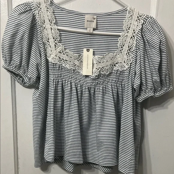 Anthropologir Maeve Striped Puff Sleeve Top - Black and White