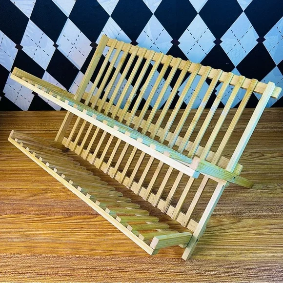 Collapsible‎ Bamboo Plate Rack Folding Slatted Farmhouse Kitchen Storage