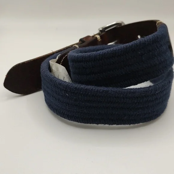 Crewcuts J. Crew UK Brown Leather and Blue Stretch Woven Belt Silver Buckle Kids