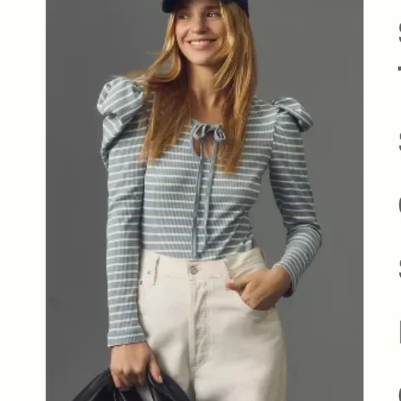 Anthropologie PORRIDGE puff-sleeve tie-front stripes top Size XXS