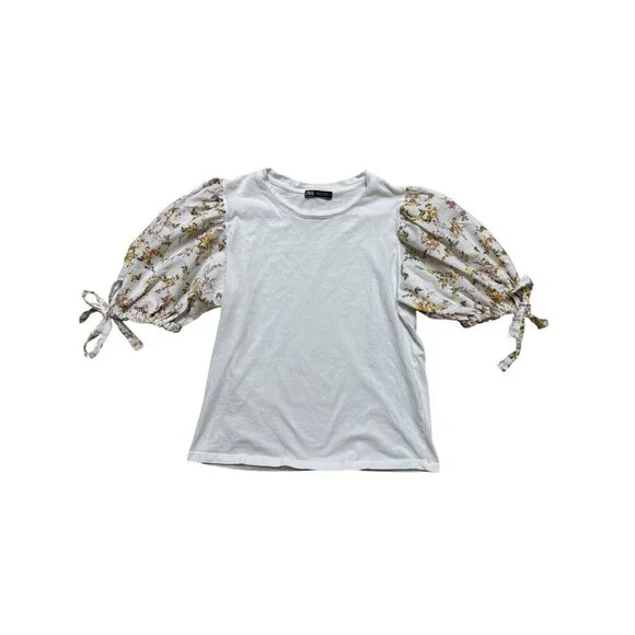Zara Floral Puff Sleeve Top Medium White Cottagecore Tie Sleeve Blouse