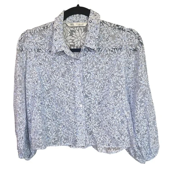 Zara Puff Sleeves Blue and White Floral Semi Sheer Cropped Top