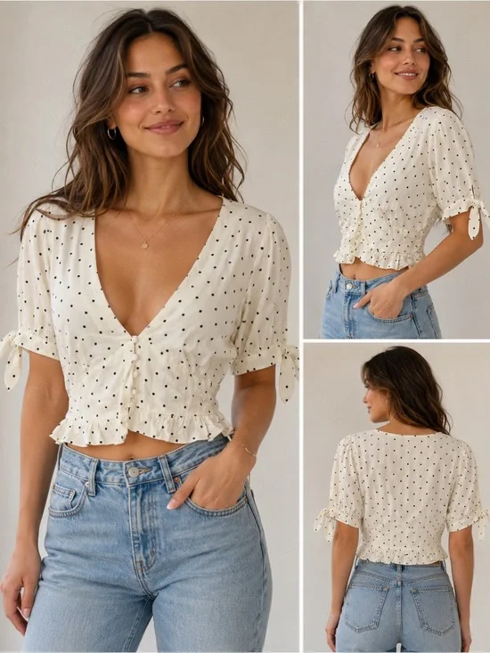 Zara White Polka Dot Tie-Front Puff Sleeve Top size Large