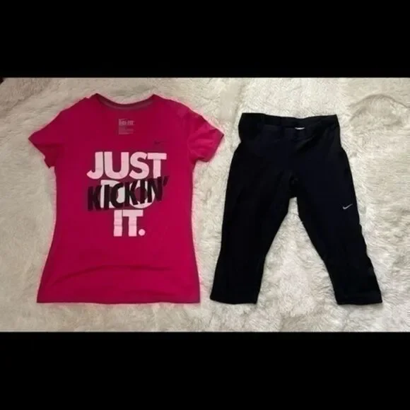 2 pc Nike workout lot. 1 pair Medium black leggings & 1 size small dry fit tee
