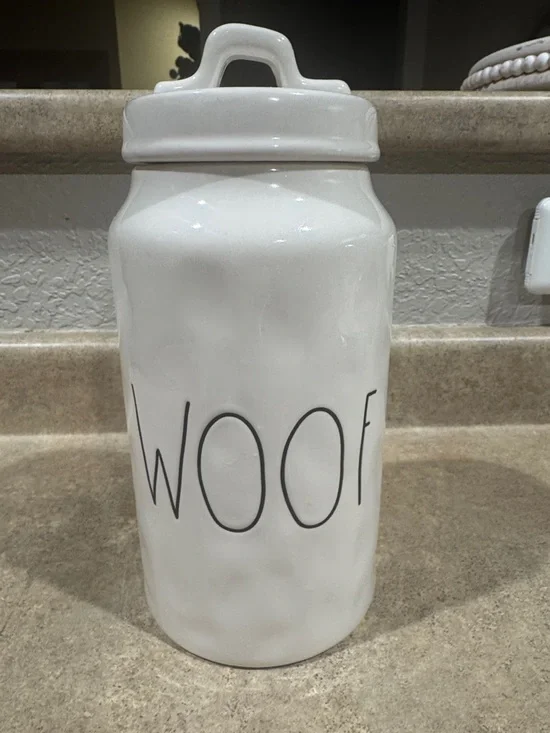 Rae Dunn White Ceramic 'WOOF' Treat Canister