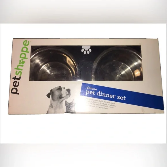 Petshoppe Pet Dinner Set Stainless Steel Bowls Elevated Black Wood Frame Dog Cat