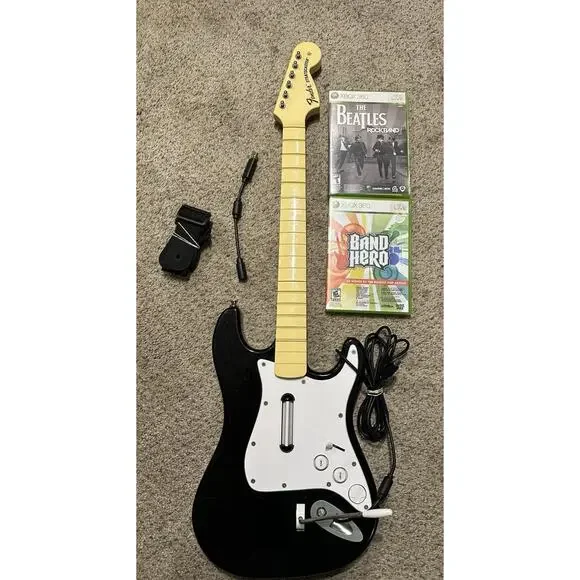 Rock Band Xbox 360 Wired Guitar Bundle w/ 2 Games Tested RockBand Fast Shipping