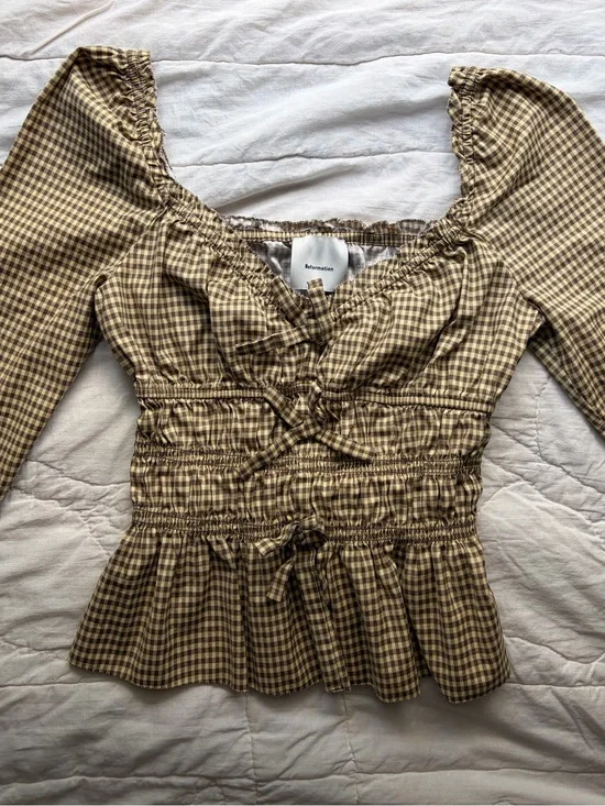 Reformation Lauryn Cotton Bow Blouse Top - Blondie Check French Size 8
