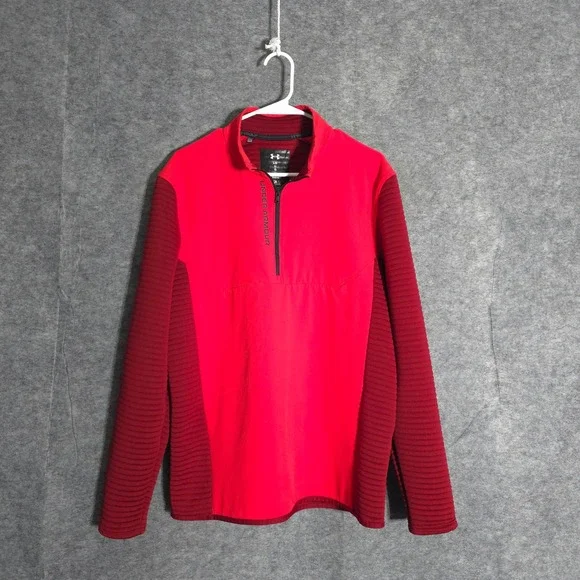 Under Armour Golf ColdGear Mens Large Red 1/4 Zip Ribbed Sleeve Hybrid Pullover