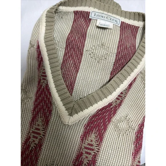 Vintage Izod Club Sweater Mens Large Black Red Beige Knit Pullover 90s LS Cotton