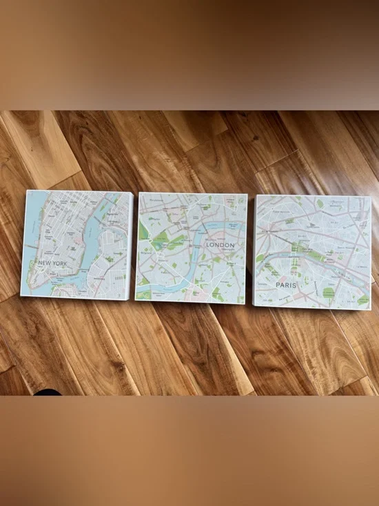 IKEA City Map Wall Art Set - New York, London, Paris in Light Blue and Green