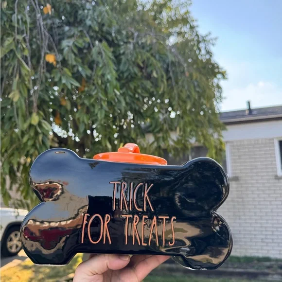Rae Dunn TRICK FOR TREATS Bone-Shaped Dog Treat Canister Glazed Ceramic