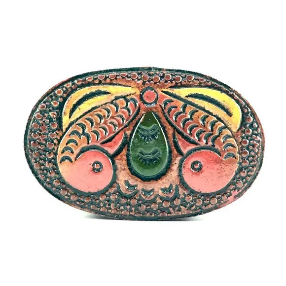 hand tooled leather trinket box butterfly moth folk art keepsake jewelry oval