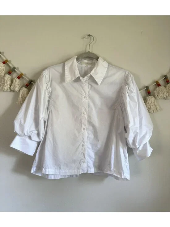 Zara White Puff Sleeve Button Down Collared Top Cotton Modest Preppy Minimalist