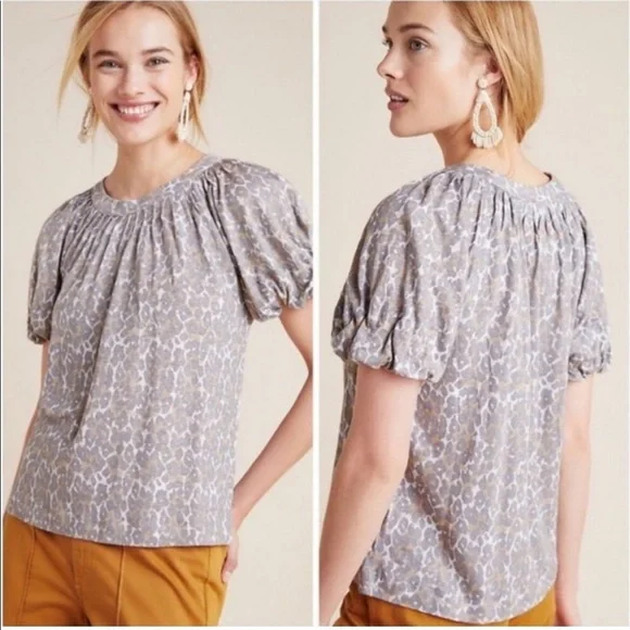 Anthropologie Maeve Gray Leopard Animal Print Puff Sleeve Top size Small