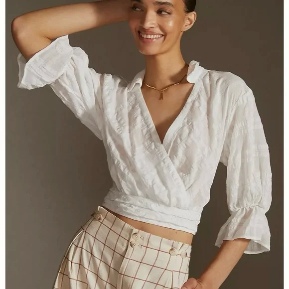 Anthropologie Banded Surplice White V-Neck Blouse Puff Sleeve Romantic Top XXS