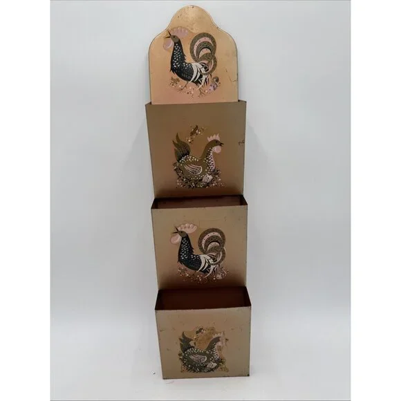 MCM Copper 3 Tier Wall Caddy Letter Mail Holder Roosters Vintage Organizer metal