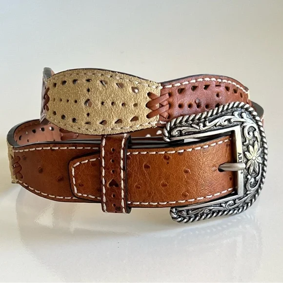 ARIAT Girls Brown Cream Perforated Leather Heart Western Cowgirl Belt Size 24