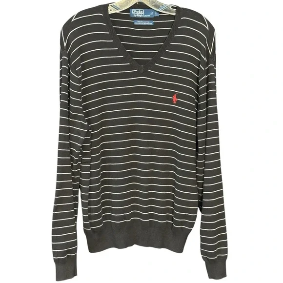 Polo Ralph Lauren Men’s Black Striped V-Neck Sweater L Excellent!