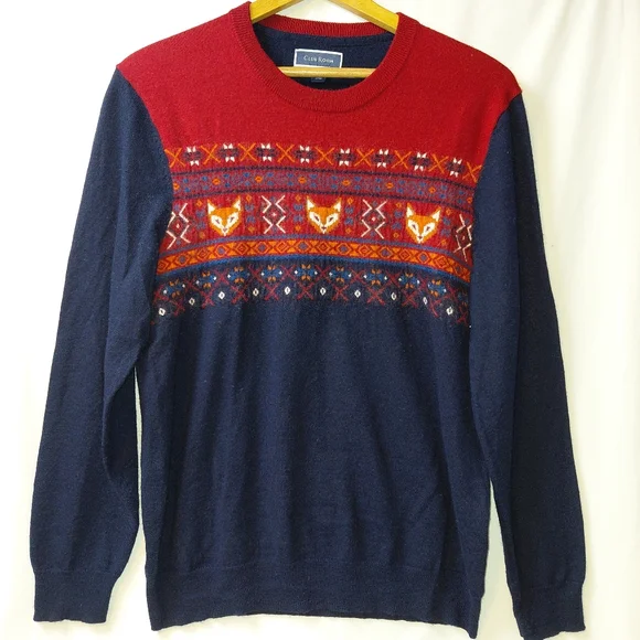 Club Room Merino Wool‎ Blend Fox Fair Isle Sweater Men's Sz Large Crewneck