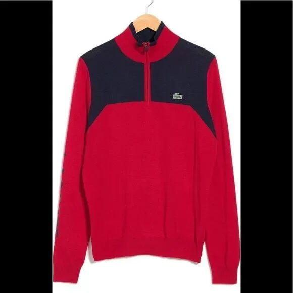 Lacoste Men’s 1/4 zip colorblock wool yoke pullover zip up sweater in red Sz XXL