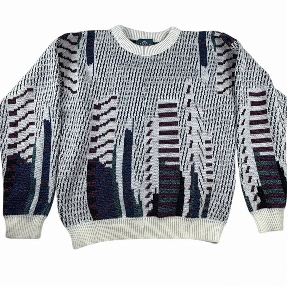 VTG 80s Jantzen Layered Sweater Grandpa White Blue Green Preppy Sz S/M Geometric