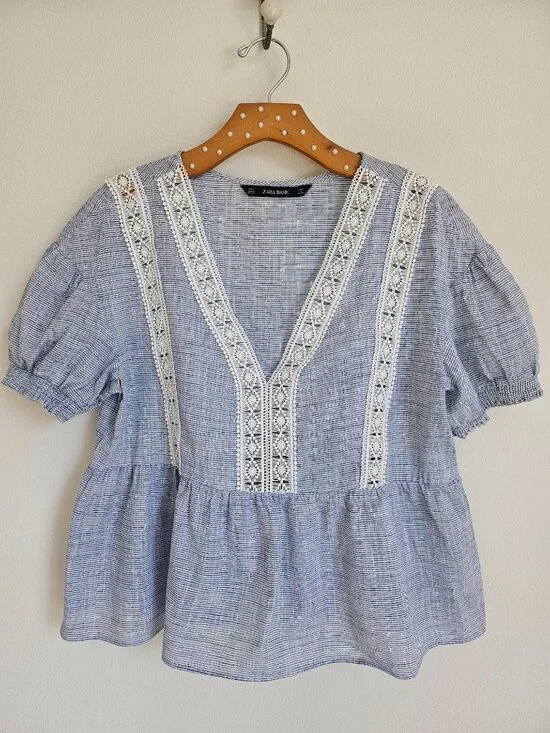 Zara Boho Lace Trim V-Neck Puff Sleeve Blouse Blue - Size L