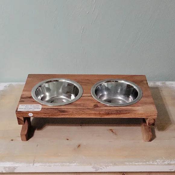 Small Wooden Elevated Pet Feeder with Stainless Steel Bowls