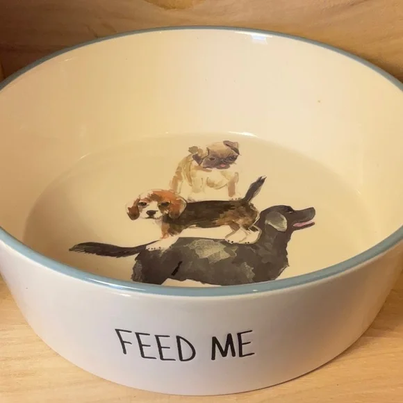 “FEED ME” large dog bowl with lab, beagle, pug artfully painted inside