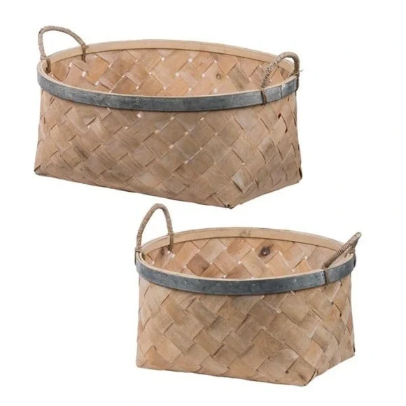 A&B Home Set of 2 Woven Bamboo Baskets with Galvanized Trim