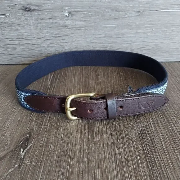 Vineyard Vines Navy Blue Belt Logo Whales Brass Buckle Size 26