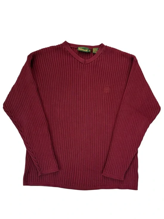 Vintage 2001 Timberland Rib Knit V Neck Sweater Burgundy Cotton Medium Y2K Logo