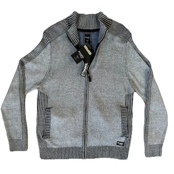 NWT Ethanol‎ Zip Up Ribbed Stretchy Sweater Men's Black & Gray Size XL