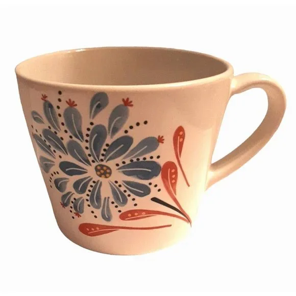 Ikea Finstilt Ceramic Mug White with Blue and Orange Flower 10 oz