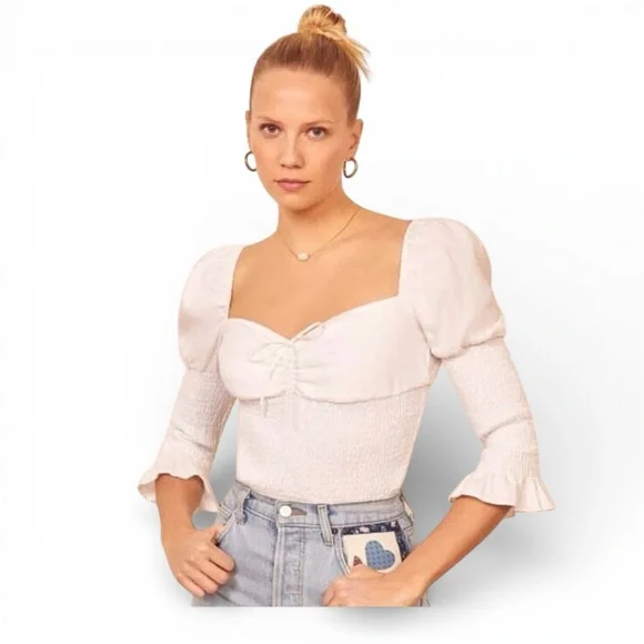 Reformation White Puff Sleeve Smocked Top Size M NWT