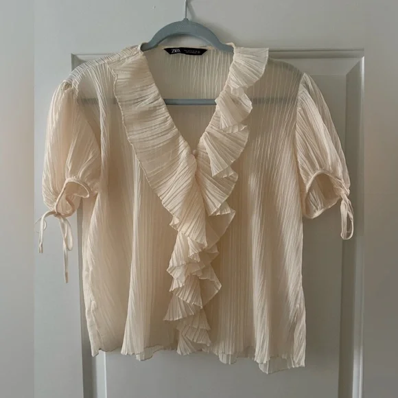 Zara Cream Pleated Ruffle V-Neck Blouse