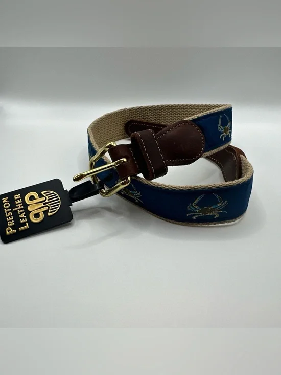 Preston Leather Crab Nautical Belt Solid Brass Buckle Kids Size 20 Made in USA