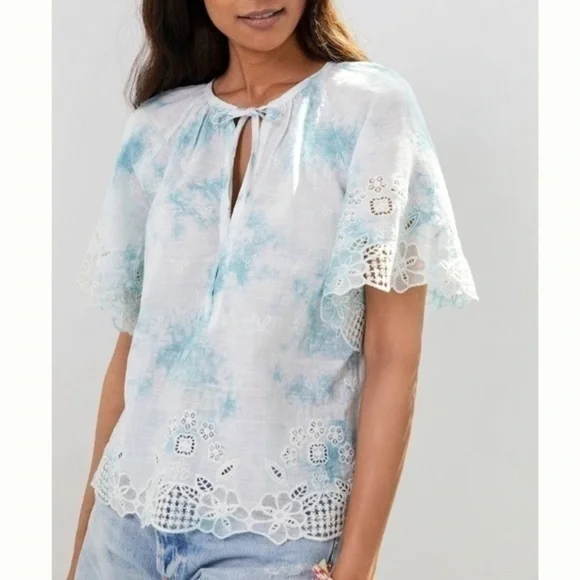 NWT Anthropologie Embroidered Tie Dye Eyelet Boho Puff Sleeve Blouse Top Cotton