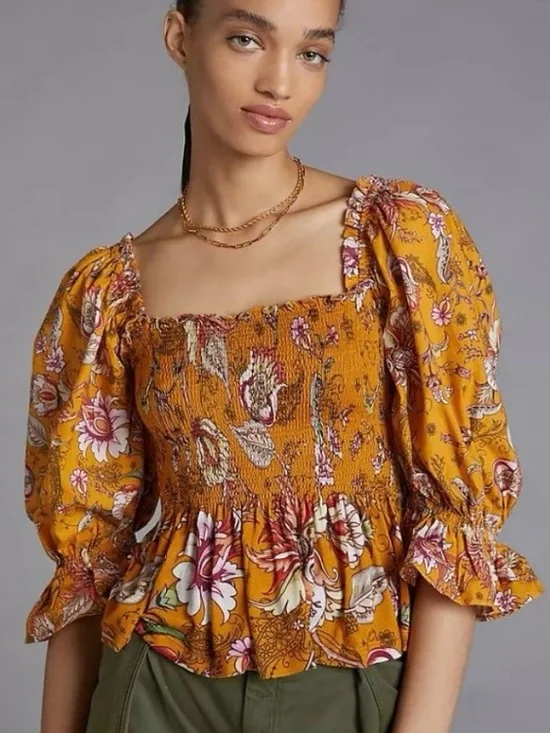 Anthropolgie Smocked Sweetheart Floral Blouse Large