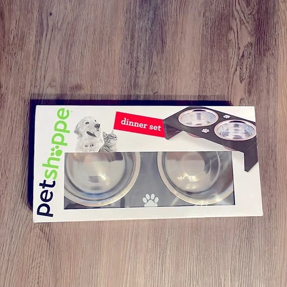Petshoppe Pet Dinner Set Stainless Steel Bowls Elevated Black Wood Frame Dog Cat