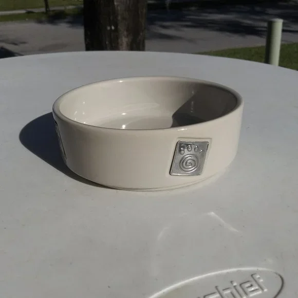 Dog Food Bowl Beige with Silver Colored Inserts 6