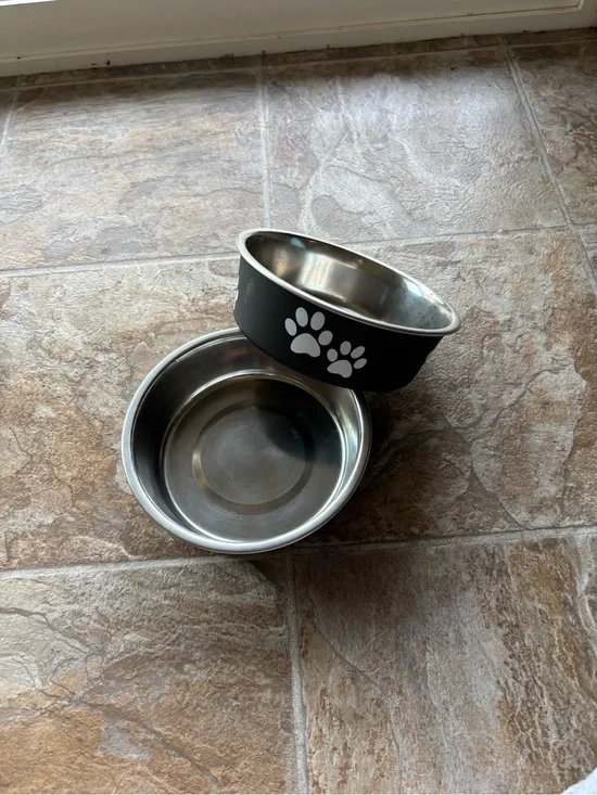 Black and White Paw Stainless Steel Dog Bowl Set