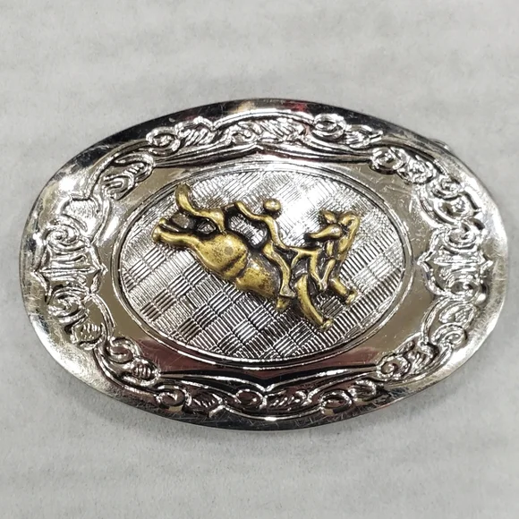 Western belt buckle decorative chrome with antique brass rodeo figure