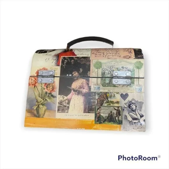 Decorative Postage Vintage-Style Collage Domed Storage Box Handle & Latch‎