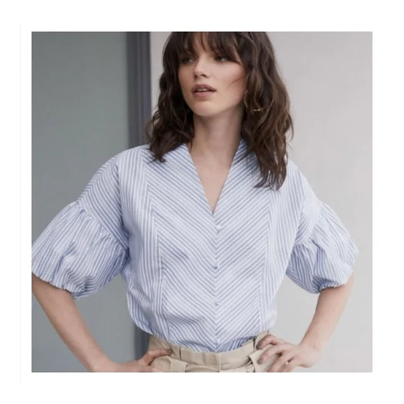 Halogen Blue & White Stripe Balloon Puff Sleeve Blouse Size Large