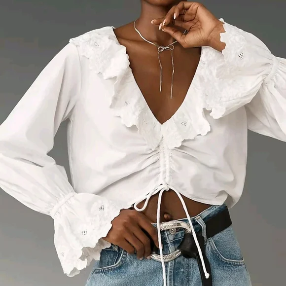 Maeve White Ruffled V-Neck Drawstring Blouse