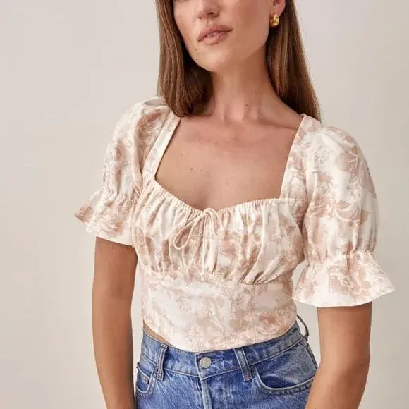 Reformation Linen Montague Top Mildred Pink Cream Milkmaid Puff Sleeve 4 Small