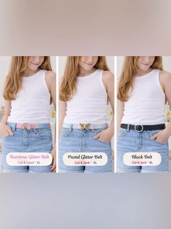 Cat & Jack Girls 3-Pack Belts XL Glitter Rainbow Butterfly & Black Ring Size XL