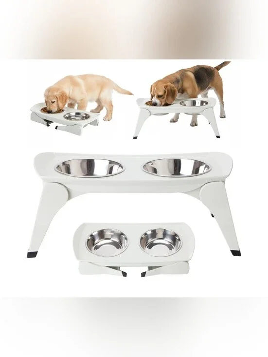 Elevated Double Pet Feeder with Stainless Steel Bowls - White