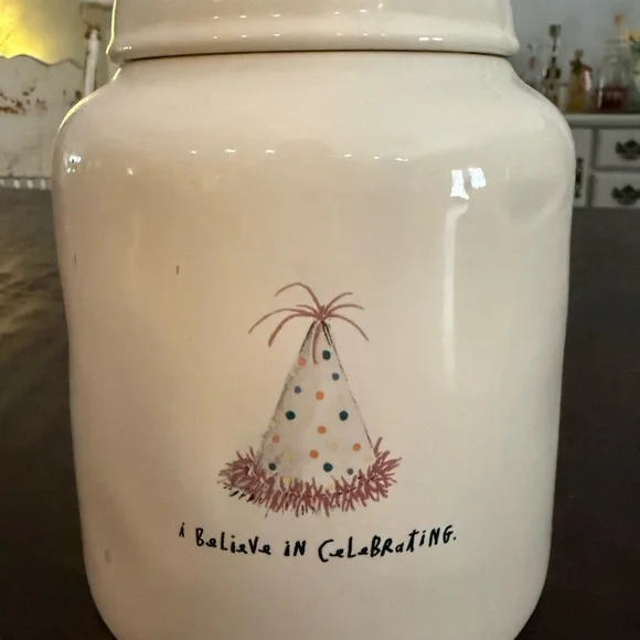 Rae Dunn “I believe in celebrating” cookie jar